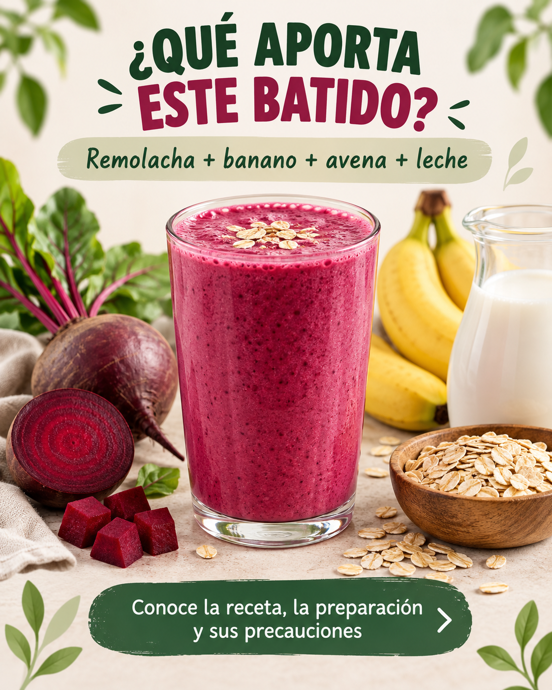 Infografía sobre los ingredientes del batido de remolacha, banano, avena y leche