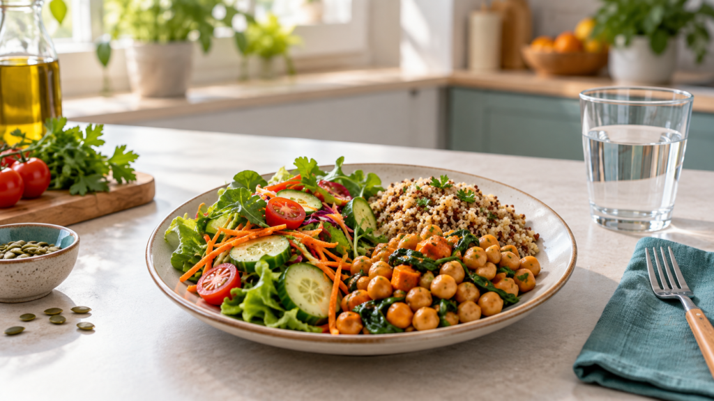 Alimentación saludable: plato equilibrado con verduras, legumbres y cereales